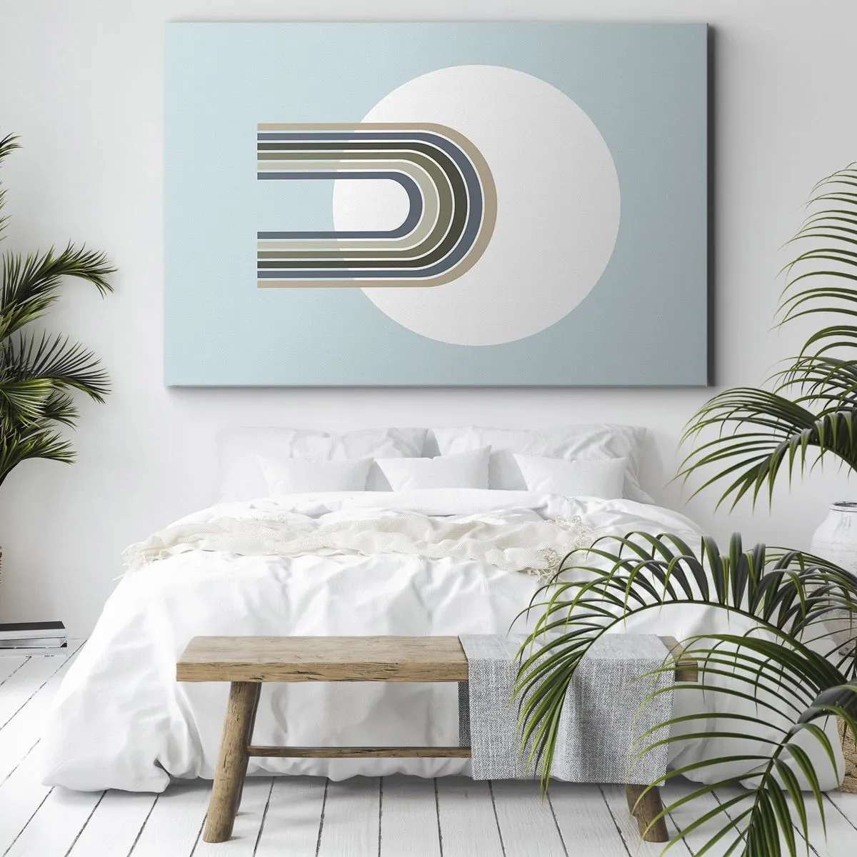 Obraz na płótnie - Minimalistyczna kompozycja z okręgiem i liniami na pastelowym tle - 70x50cm - Nieodparte przyciąganie - Nowoczesna dekoracja ścienna do salonu i sypialni ARTTOR