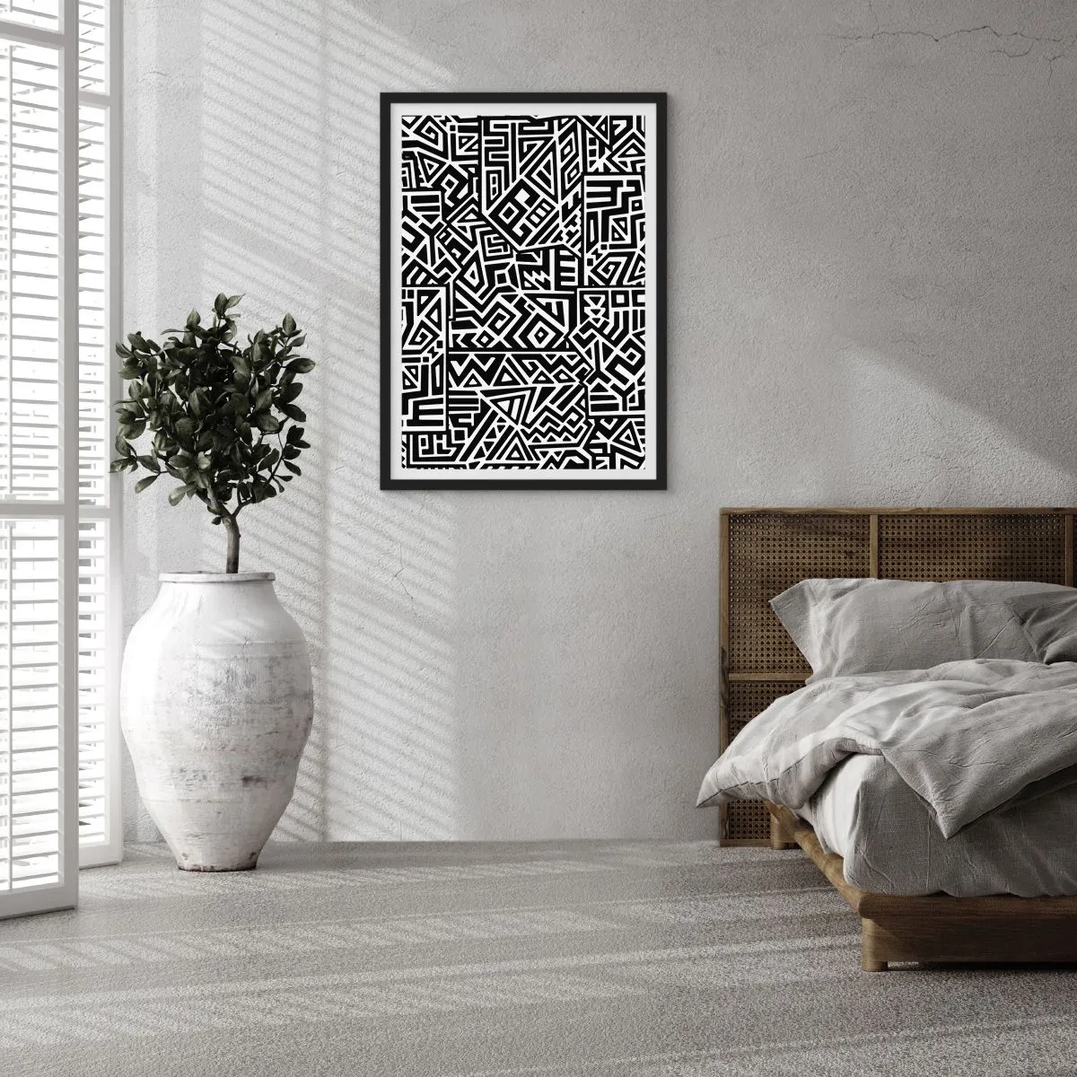 Plakat w czarnej ramie - Czarno-biały geometryczny wzór w stylu artystycznym - 50x70cm - Kompozycja prekolumbijska - Nowoczesna dekoracja ścienna do salonu i sypialni ARTTOR