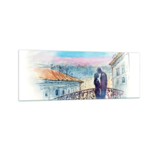 Obraz na szkle - Romantyczna para na balkonie z widokiem na miasto - 140x50cm - Paryscy kochankowie - Nowoczesna dekoracja ścienna do salonu i sypialni ARTTOR