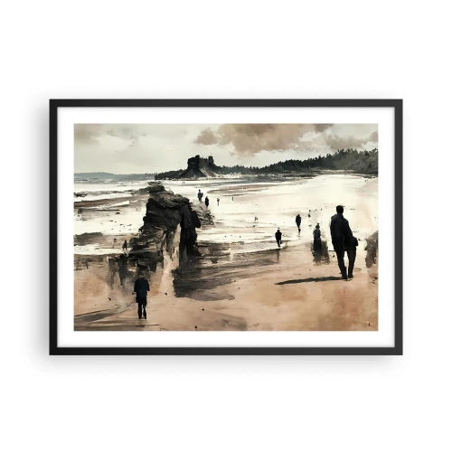 Plakat w czarnej ramie - Spacerowicze na plaży w spokojnym pejzażu - 70x50cm - Przywołani - Nowoczesna dekoracja ścienna do salonu i sypialni ARTTOR