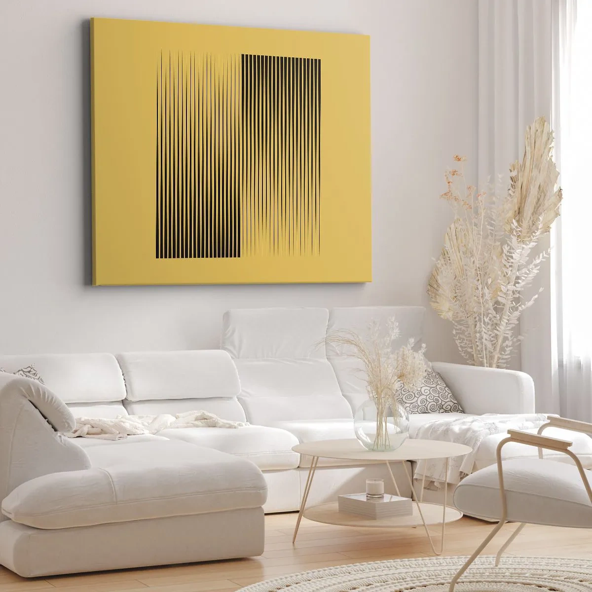Obraz na płótnie - Pionowe czarne linie na żółtym tle - 70x50cm - Kwadratura przeciwieństw - Nowoczesna dekoracja ścienna do salonu i sypialni ARTTOR