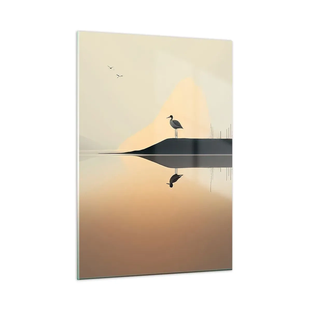 Obraz na szkle - Czapla stojąca na wysepce wśród spokojnych wód jeziora - 50x70cm - Pan na jeziorze - Nowoczesna dekoracja ścienna do salonu, kuchni i sypialni ARTTOR