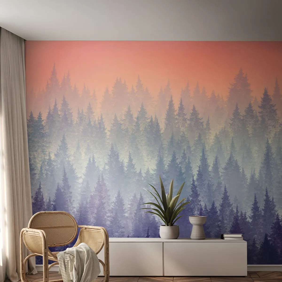 Fototapeta Premium Sand - Górski las we mgle o zachodzie słońca - 100x70cm - Wysoko, wyżej, do nieba - Nowoczesna dekoracja ścienna do salonu, kuchni i sypialni ARTTOR