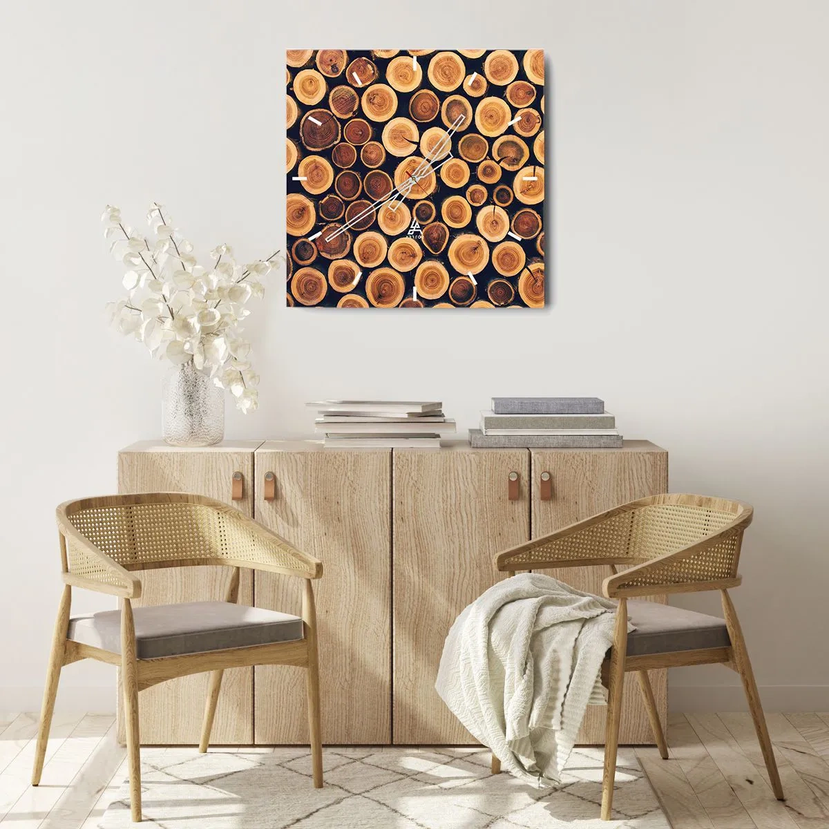 Zegar ścienny - Wzór z przekrojów drewnianych kłód - 30x30cm - Na ile lat wyglądam? - Nowoczesna dekoracja ścienna do salonu i sypialni ARTTOR
