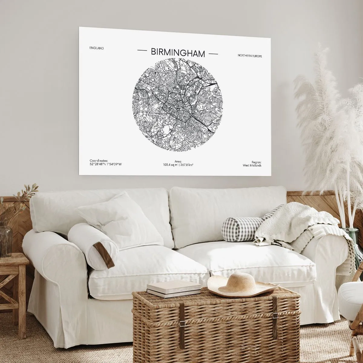 Plakat - Minimalistyczna mapa Birmingham w czarno-białej kolorystyce z precyzyjnymi detalami - 100x70cm - Anatomia Birmingham - Nowoczesna dekoracja ścienna do salonu i sypialni ARTTOR