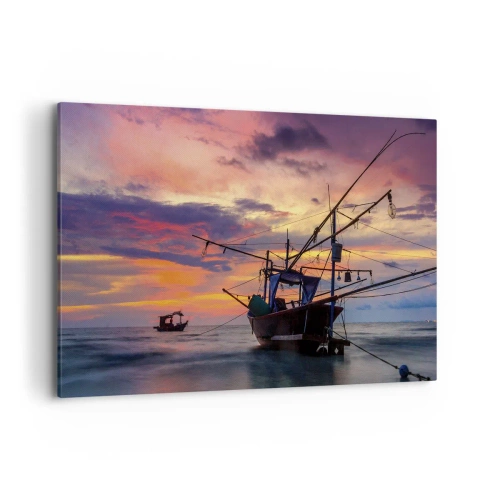 Obraz na płótnie - Łódź rybacka na tle kolorowego zachodu słońca - 120x80cm - Egzotyczny wieczór - Nowoczesna dekoracja ścienna do salonu, kuchni i sypialni ARTTOR