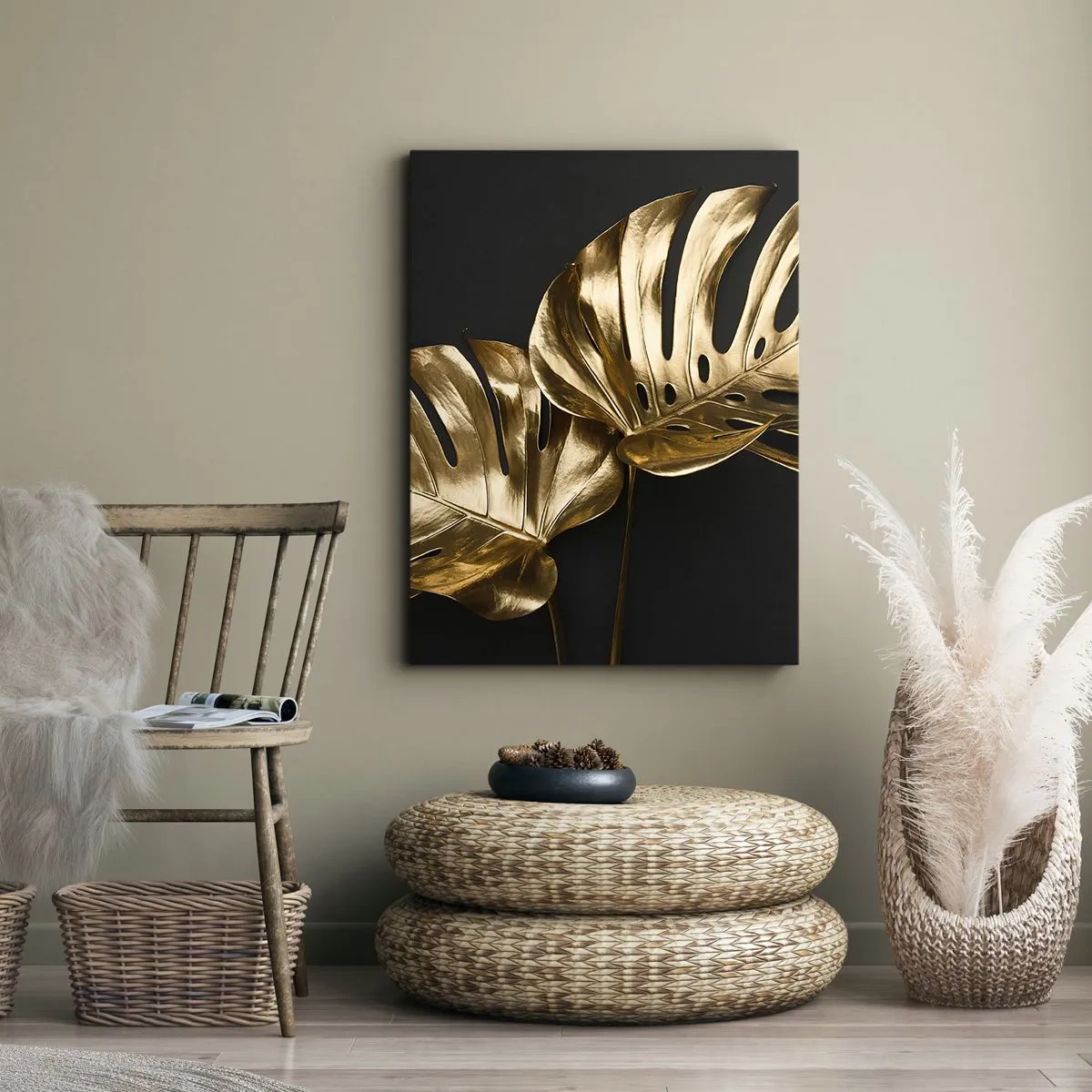 Obraz na płótnie - Złote liście monstery na czarnym tle - 50x70cm - Skarby natury - Nowoczesna dekoracja ścienna do salonu, kuchni i sypialni ARTTOR