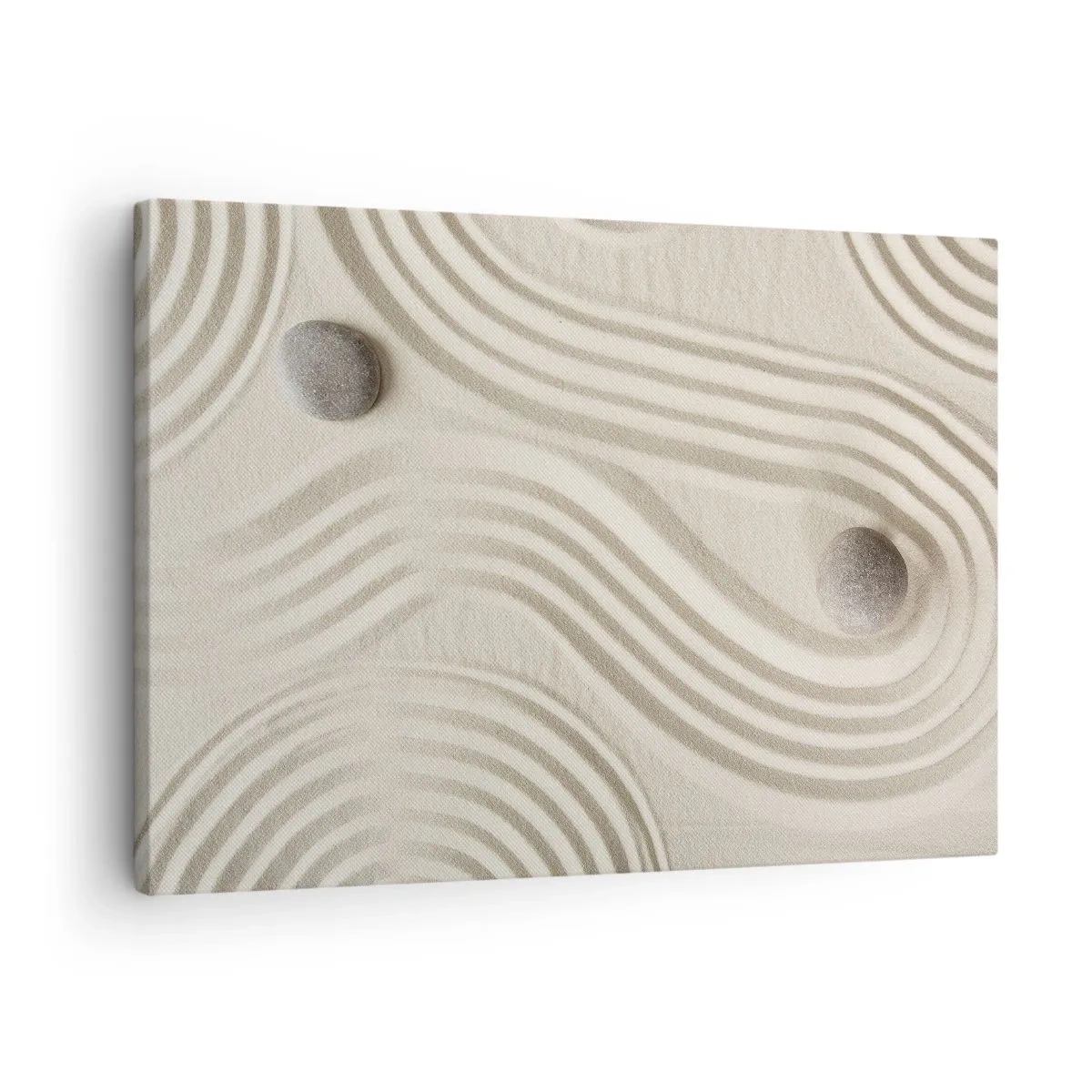 Obraz na płótnie - Minimalistyczny wzór zen z piaskiem i kamieniami - 70x50cm - Dotyk ciepła - Nowoczesna dekoracja ścienna do salonu i sypialni ARTTOR