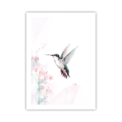 Plakat - Koliber w locie z delikatnym tłem kwiatowym - 50x70cm - Zatrzymany w trzepocie - Nowoczesna dekoracja ścienna do salonu, kuchni i sypialni ARTTOR