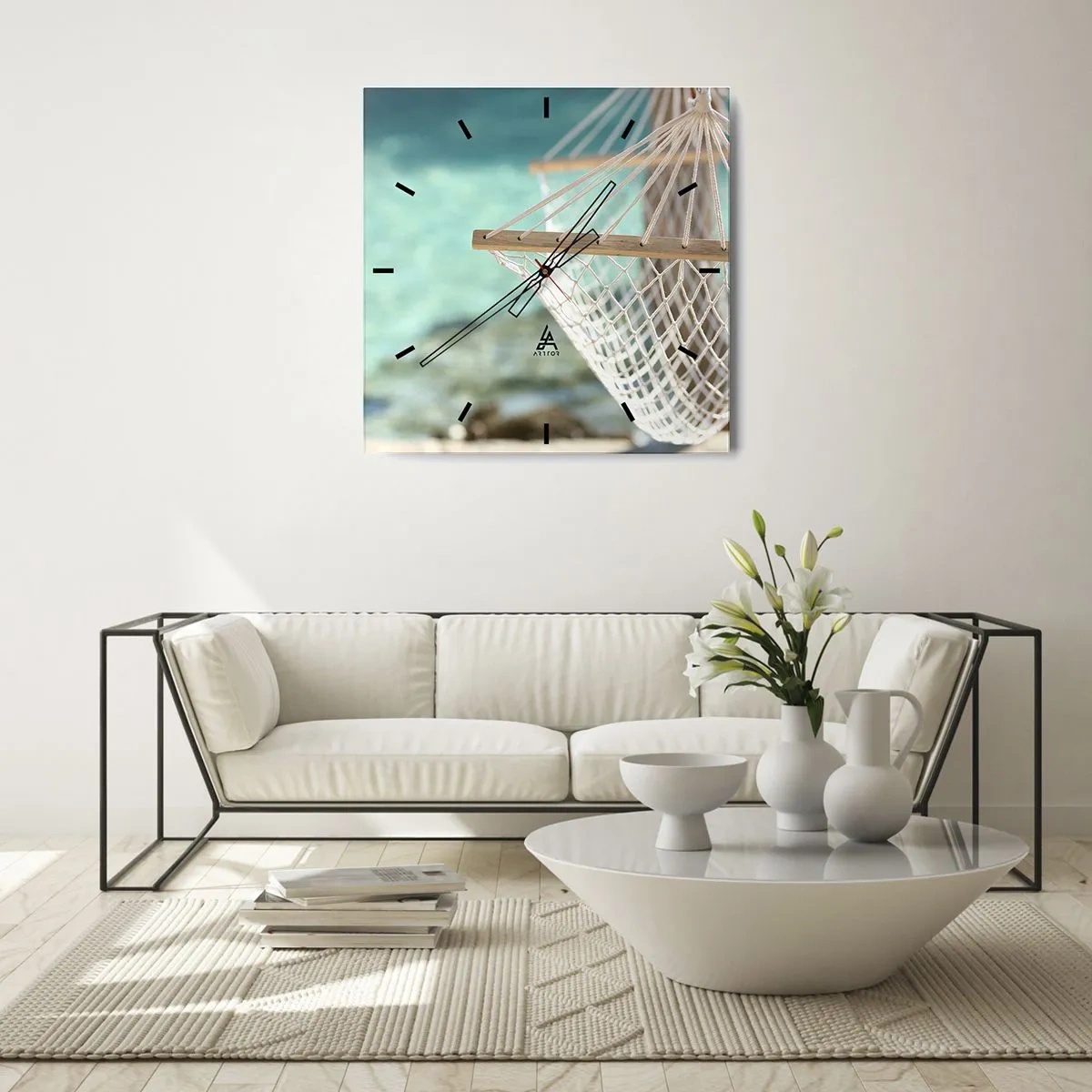Zegar ścienny - Hamak z widokiem na turkusową wodę - 30x30cm - Czas relaksu - Nowoczesna dekoracja ścienna do salonu i sypialni ARTTOR