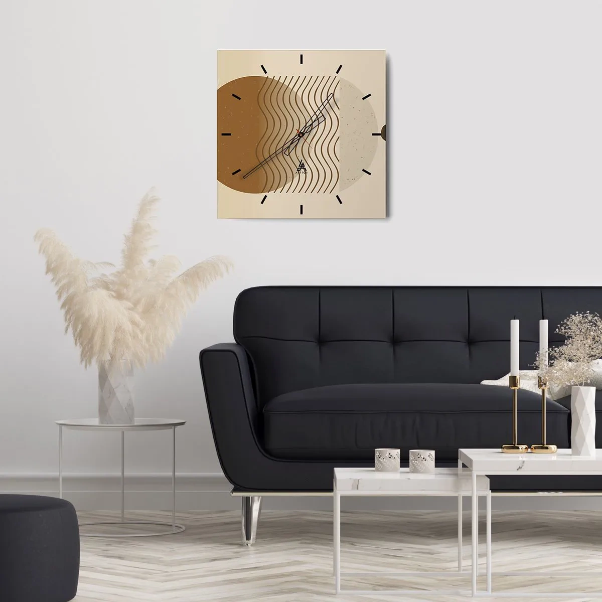 Zegar ścienny - Geometryczna abstrakcja z kołami i falistymi liniami w ciepłych barwach - 30x30cm - O pochodzeniu figur geometrycznych - Nowoczesna dekoracja ścienna do salonu i sypialni ARTTOR