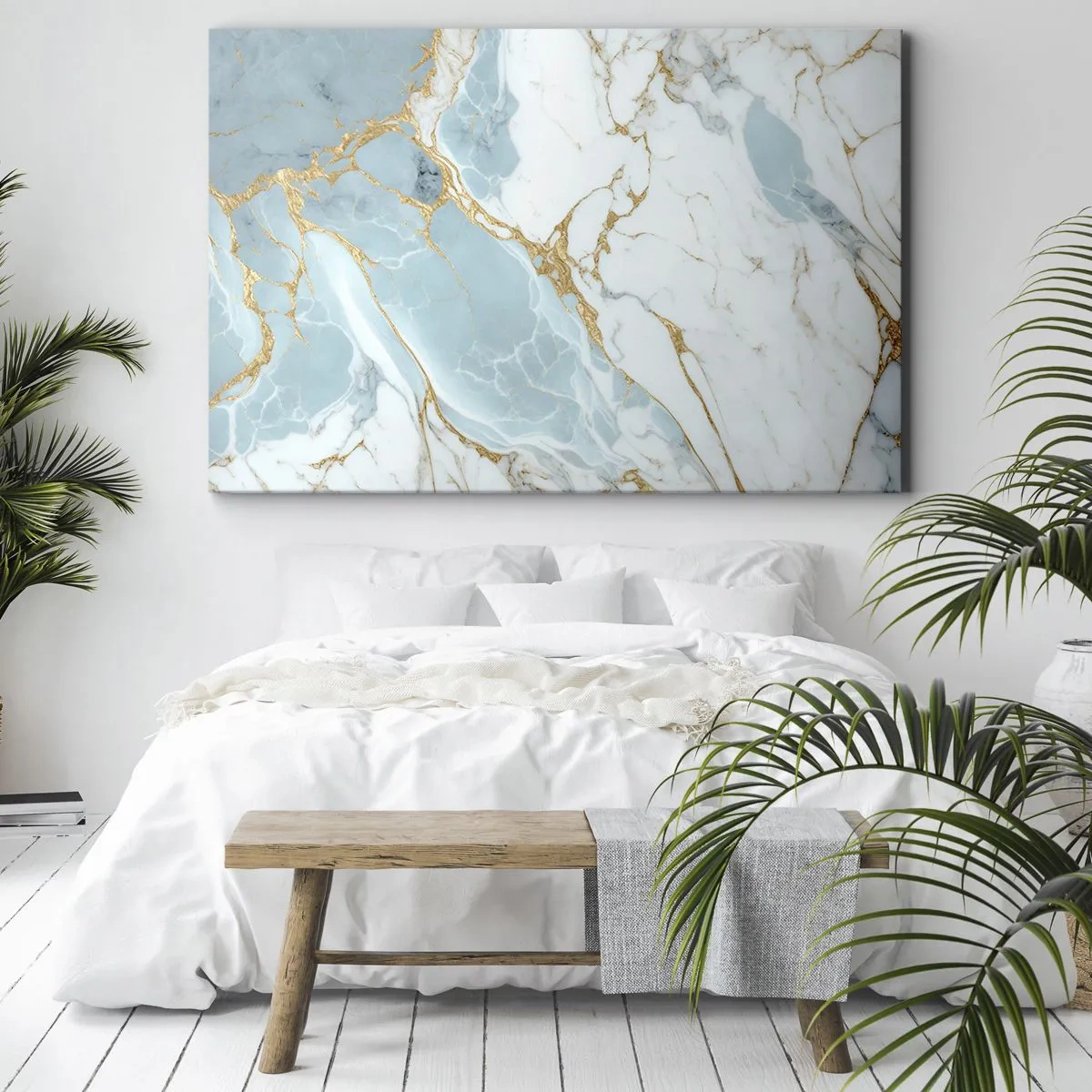Obraz na płótnie - Błękitno-białe marmurowe wzory z dodatkiem złotych żył - 120x80cm - Bogactwo kamienia - Nowoczesna dekoracja ścienna do salonu, kuchni i sypialni ARTTOR