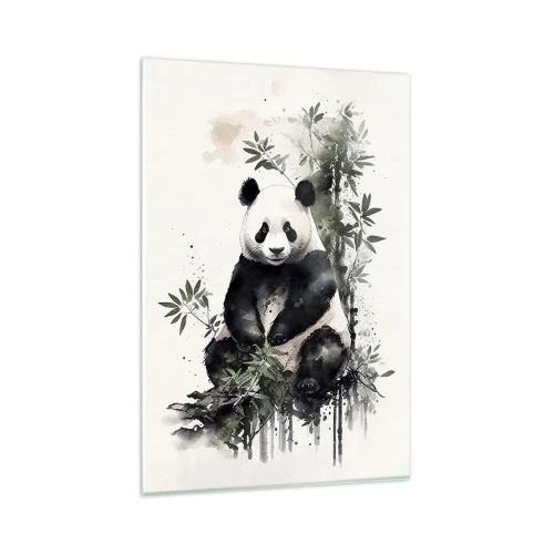 Obraz na szkle - Urocza panda siedząca wśród bambusowych liści w akwarelowym stylu - 80x120cm - Pozdrowienia z Chin - Nowoczesna dekoracja ścienna do salonu i sypialni ARTTOR