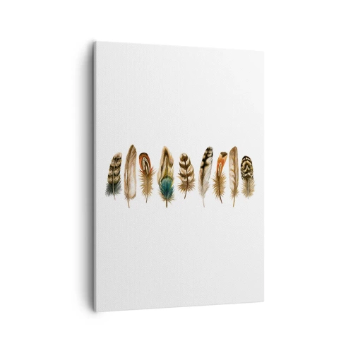 Obraz na płótnie - Różnorodne kolorowe pióra na białym tle - 50x70cm - Pierzasta wariacja - Nowoczesna dekoracja ścienna do salonu, kuchni i sypialni ARTTOR