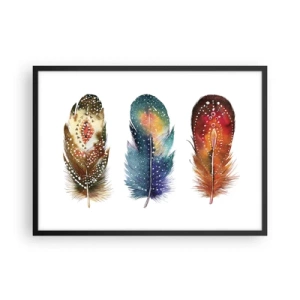 Plakat w czarnej ramie - Trzy kolorowe pióra z artystycznymi wzorami na jasnym tle - 70x50cm - Rytuały, obrzędy, tajemnice - Nowoczesna dekoracja ścienna do salonu i sypialni ARTTOR