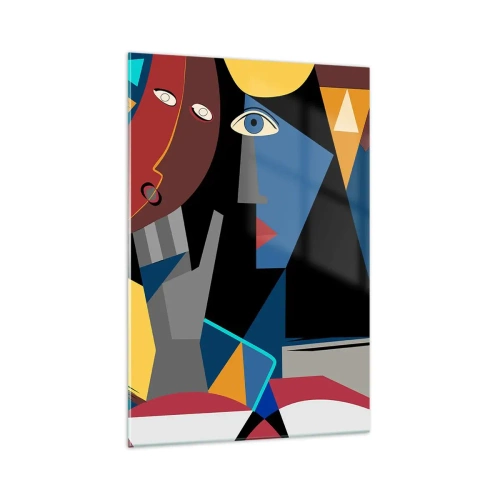 Obraz na szkle - Kubistyczne twarze w intensywnych kolorach - 70x100cm - Rozmowa kubistów - Nowoczesna dekoracja ścienna do salonu i sypialni ARTTOR