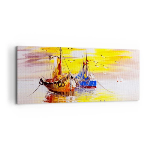 Obraz na płótnie - Malarska scena z łodziami na spokojnym morzu - 120x50cm - Zasłużony odpoczynek w porcie - Nowoczesna dekoracja ścienna do salonu i sypialni ARTTOR