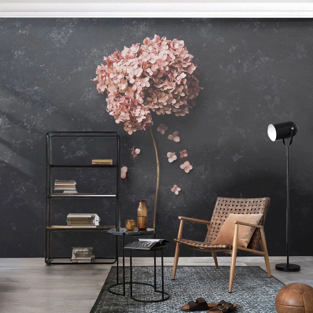 Fototapeta Standard Eco - Różowa hortensja na ciemnym tle w stylu vintage - 100x70cm - Prawdziwie romantyczny znak - Nowoczesna dekoracja ścienna do salonu i sypialni ARTTOR