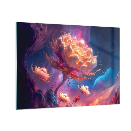 Obraz na szkle - Fantastyczny kwiat unoszący się w kosmicznej scenerii - 70x50cm - Inny świat - Nowoczesna dekoracja ścienna do salonu i sypialni ARTTOR