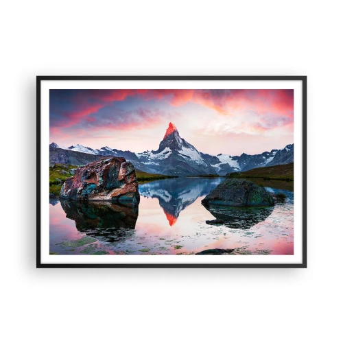 Plakat w czarnej ramie - Górski szczyt odbijający się w jeziorze o zachodzie słońca - 100x70cm - Serce gór jest gorące - Nowoczesna dekoracja ścienna do salonu i sypialni ARTTOR