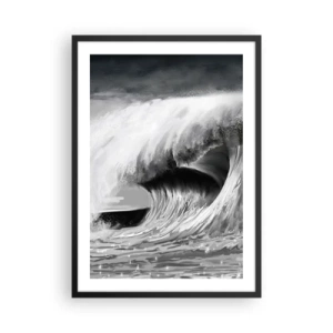 Plakat w czarnej ramie - Potężna fala w odcieniach szarości - 50x70cm - Gniew oceanu - Nowoczesna dekoracja ścienna do salonu i sypialni ARTTOR
