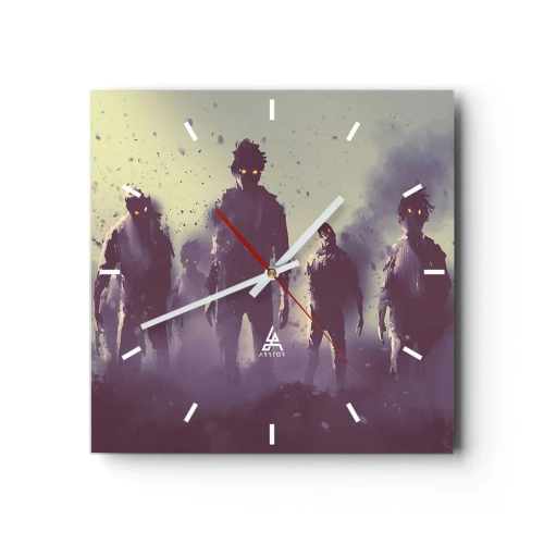 Zegar ścienny - Mroczna scena z sylwetkami z żółtymi oczami - 30x30cm - Uważaj! Nadchodzą - Nowoczesna dekoracja ścienna do salonu i sypialni ARTTOR