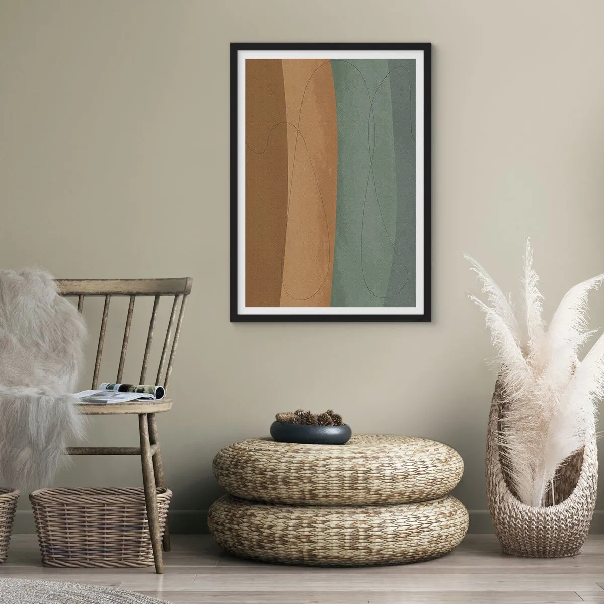 Plakat w czarnej ramie - Organiczne linie na ziemistych i zielonych tłach - 50x70cm - Kompozycja horyzontalna - Nowoczesna dekoracja ścienna do salonu i sypialni ARTTOR