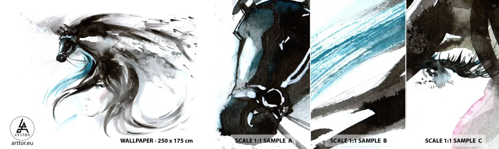 Fototapeta Próbka Samoprzylepna Deluxe Sticker - Galop Czarnego Księcia - Zwierzęta, Koń, Grafika - 100x30 cm