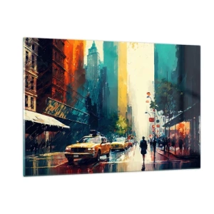 Obraz na szkle - Kolorowe taksówki i wieżowce na mokrej ulicy miasta - 120x80cm - Nowy Jork – tu nawet deszcz jest kolorowy - Nowoczesna dekoracja ścienna do salonu, kuchni i sypialni ARTTOR