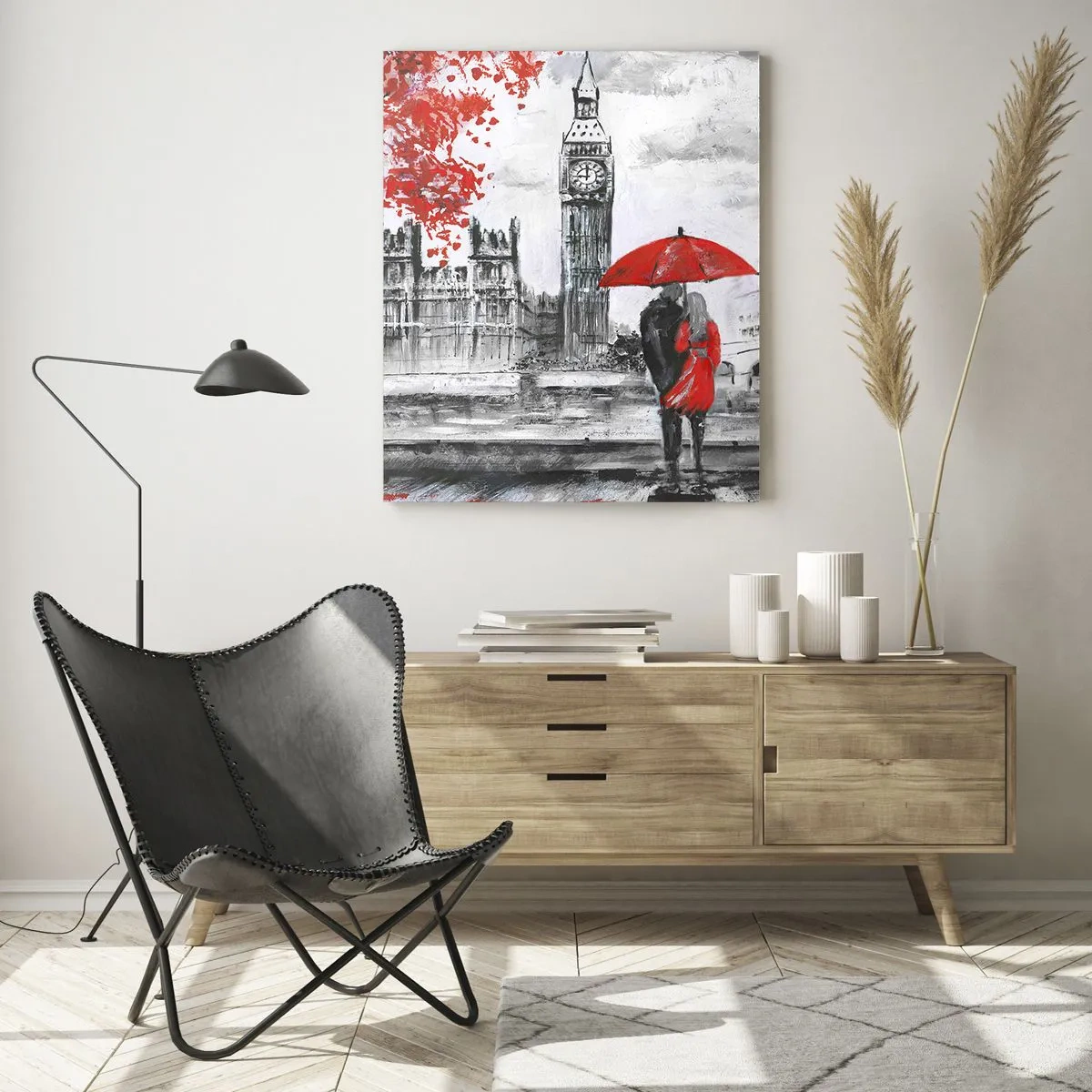 Obraz na szkle - Para pod czerwoną parasolką na tle Big Bena i jesiennych drzew - 50x70cm - Zakochani w Londynie - Nowoczesna dekoracja ścienna do salonu, kuchni i sypialni ARTTOR