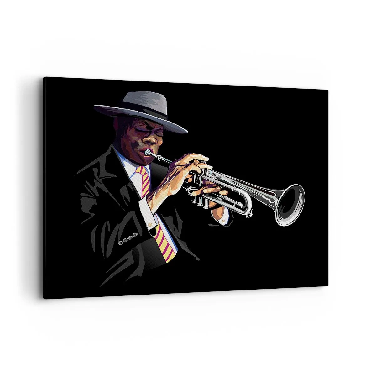 Obraz na płótnie - Muzyk grający na trąbce na czarnym tle - 120x80cm - Czar starej szkoły - Nowoczesna dekoracja ścienna do salonu, kuchni i sypialni ARTTOR