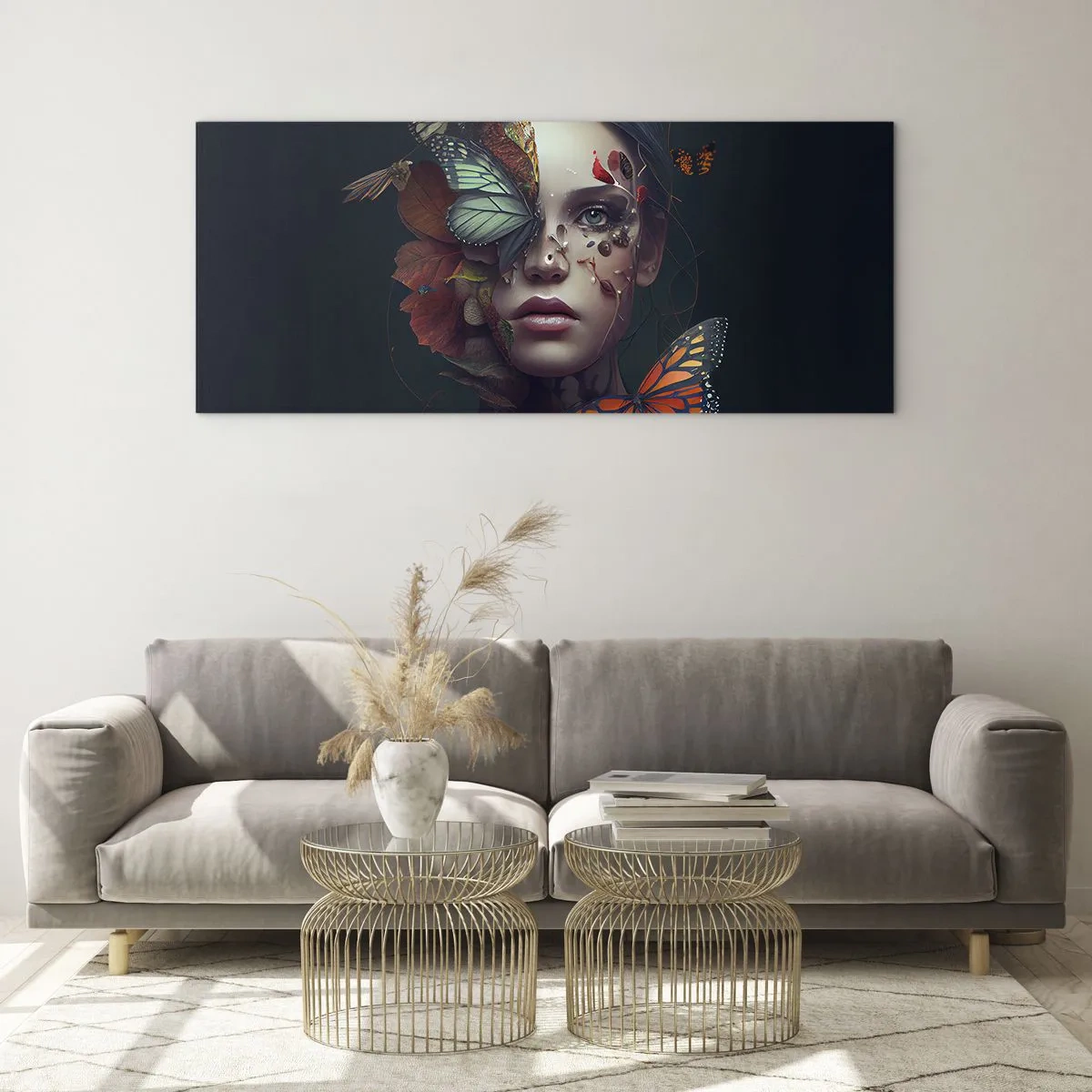 Obraz na szkle - Portret kobiety z motylami i elementami roślinnymi - 140x50cm - Cudowna metamorfoza - Nowoczesna dekoracja ścienna do salonu i sypialni ARTTOR