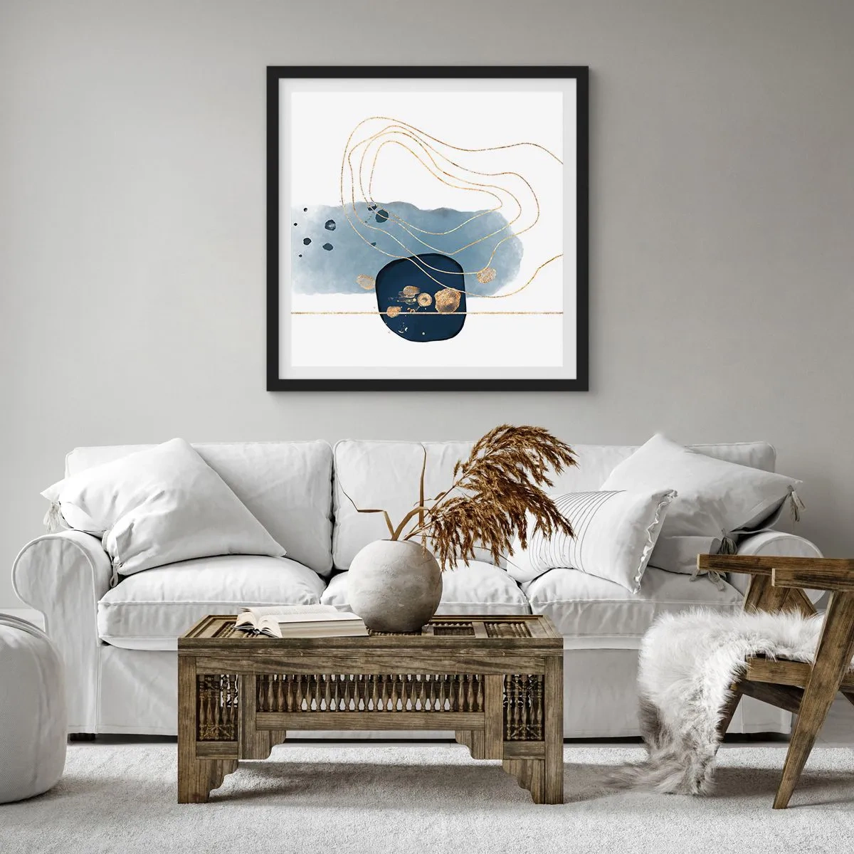 Plakat w czarnej ramie - Niebiesko-złota fantazja - 30x30 cm
