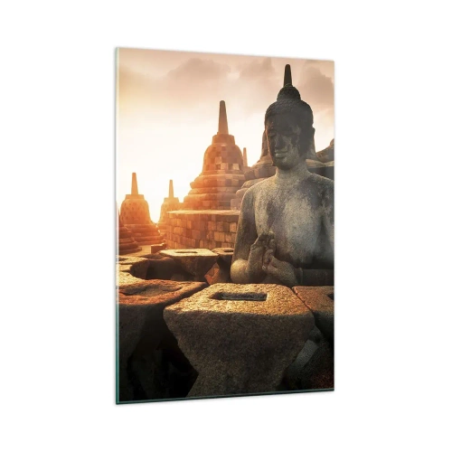 Obraz na szkle - Posąg Buddy w świątyni Borobudur o zachodzie słońca - 80x120cm - Pogoda wielkiej mądrości - Nowoczesna dekoracja ścienna do salonu i sypialni ARTTOR