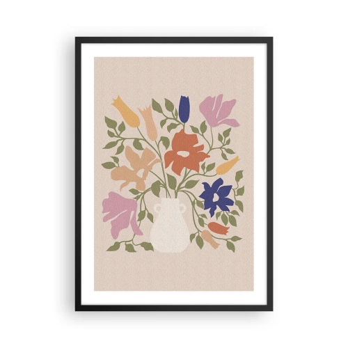 Plakat w czarnej ramie - Kolorowy bukiet kwiatów w jasnym wazonie na beżowym tle - 50x70cm - Bukiet delikatny - Nowoczesna dekoracja ścienna do salonu i sypialni ARTTOR