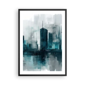 Plakat w czarnej ramie - Nowoczesna panorama miasta w odcieniach niebieskiego - 50x70cm - Miasto w kolorze deszczu - Nowoczesna dekoracja ścienna do salonu i sypialni ARTTOR