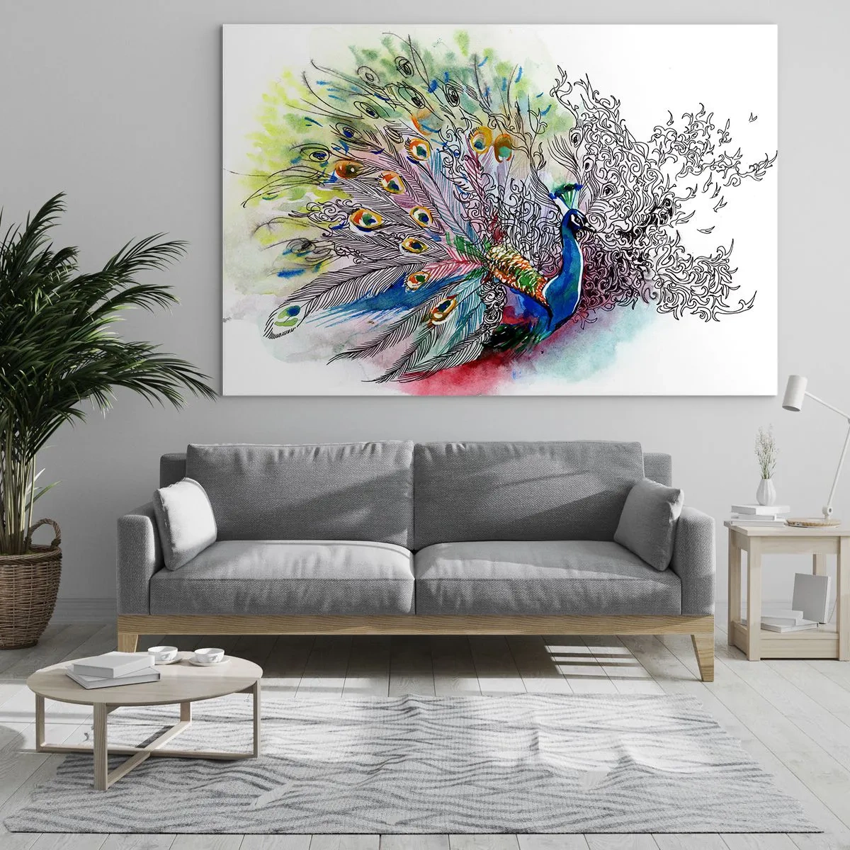 Obraz na szkle - Kolorowy paw w artystycznym stylu akwareli - 70x50cm - Z dumą przeciw szarości  - Nowoczesna dekoracja ścienna do salonu i sypialni ARTTOR