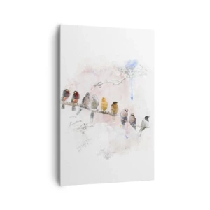 Obraz na płótnie - Kolorowe ptaki na gałęzi w akwarelowym stylu - 80x120cm - Skrzydlate spotkanie - Nowoczesna dekoracja ścienna do salonu i sypialni ARTTOR