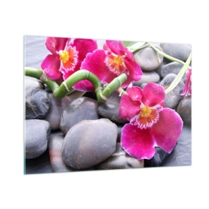 Obraz na szkle - Różowe orchidee z bambusem na kamieniach - 100x70cm - Chłód i żar - Nowoczesna dekoracja ścienna do salonu, kuchni i sypialni ARTTOR