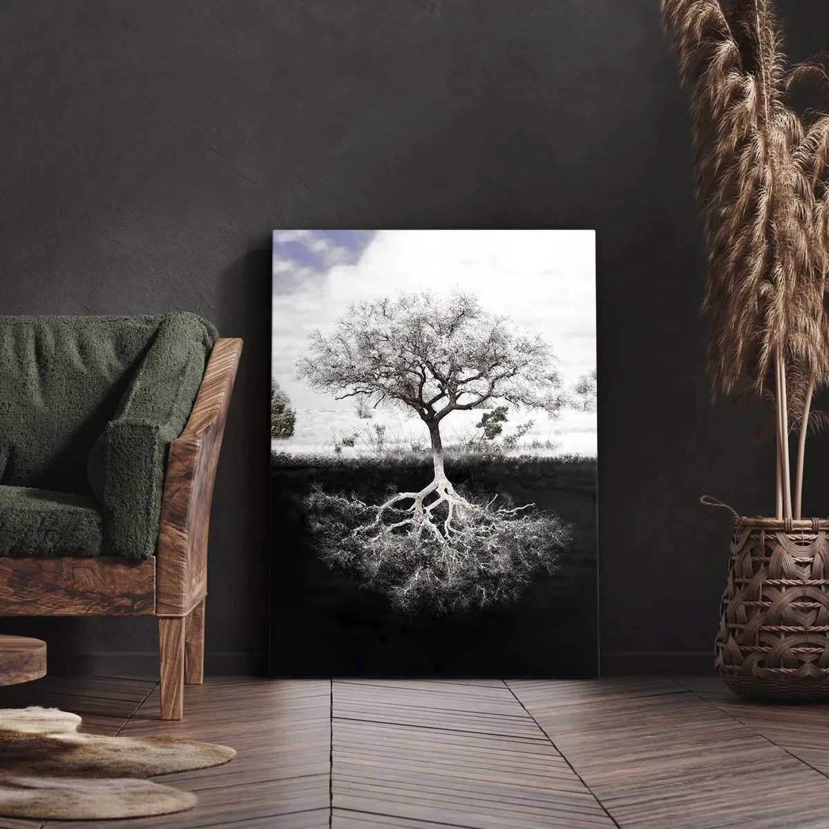 Obraz na płótnie - Drzewo z widocznymi korzeniami pod powierzchnią ziemi - 70x100cm - Odkrycie natury świata - Nowoczesna dekoracja ścienna do salonu i sypialni ARTTOR