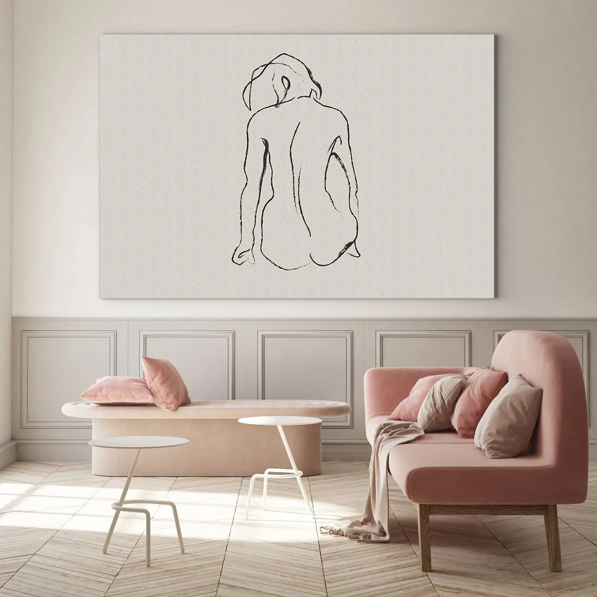 Obraz na szkle - Delikatny szkic siedzącej kobiety wykonany czarną linią na jasnym tle - 70x50cm - Akt dziewczęcy - Nowoczesna dekoracja ścienna do salonu i sypialni ARTTOR