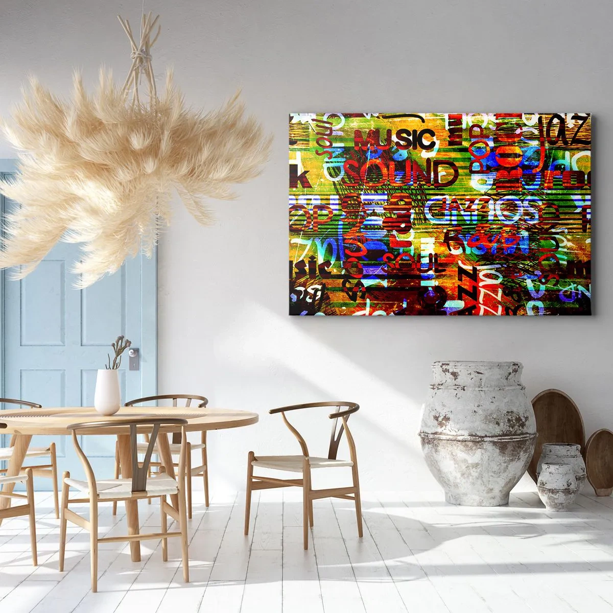 Obraz na płótnie - Kolorowa abstrakcja z napisami muzycznymi w stylu pop-art - 70x50cm - Wszystkie barwy dźwięku - Nowoczesna dekoracja ścienna do salonu i sypialni ARTTOR