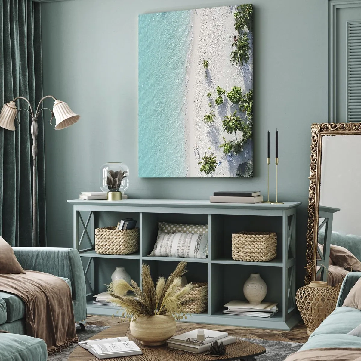 Obraz na płótnie - Tropikalna plaża z turkusowym morzem i palmami widziana z lotu ptaka - 50x70cm - Wakacje w raju - Nowoczesna dekoracja ścienna do salonu, kuchni i sypialni ARTTOR