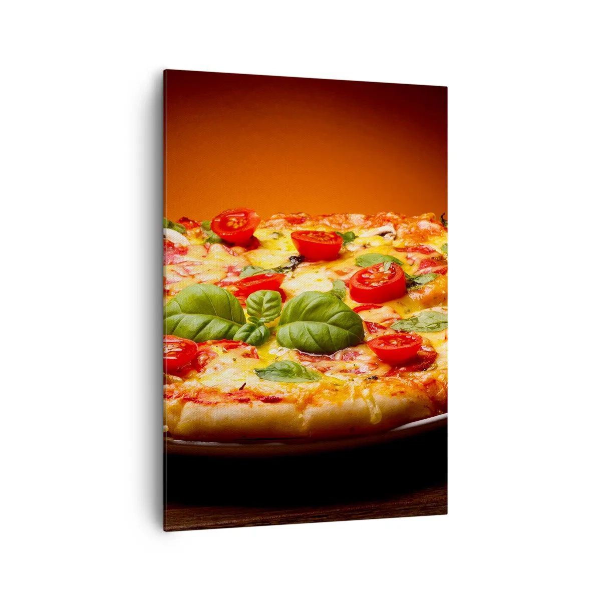 Obraz na płótnie - Pizza z pomidorami i bazylią na drewnianym stole - 70x100cm - Mamma mia! - Nowoczesna dekoracja ścienna do salonu i sypialni ARTTOR