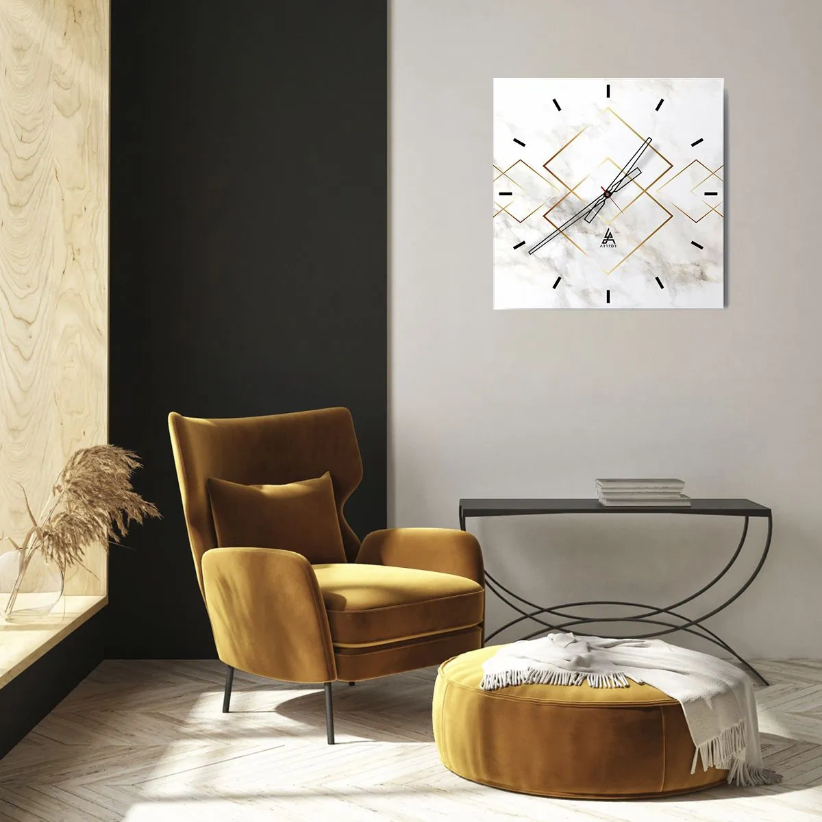 Zegar ścienny - Minimalistyczne złote romby na marmurowym tle - 30x30cm - Widok na nieskończoność - Nowoczesna dekoracja ścienna do salonu i sypialni ARTTOR