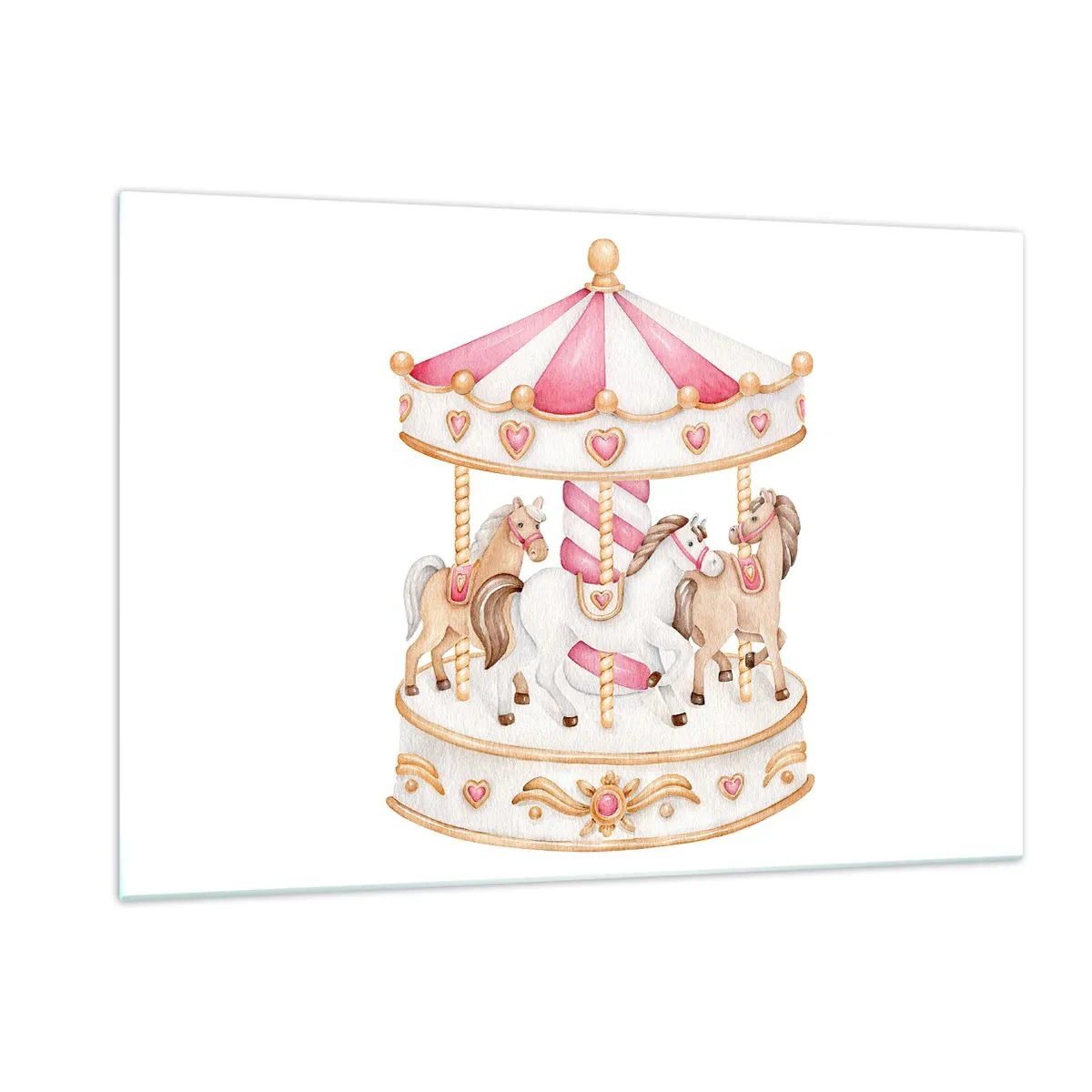 Obraz na szkle - Różowa karuzela z konikami w stylu dziecięcym na białym tle - 120x80cm - Słodki świat dzieciństwa - Nowoczesna dekoracja ścienna do salonu, kuchni i sypialni ARTTOR