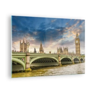 Obraz na szkle - Big Ben i Westminster Bridge o zachodzie słońca - 70x50cm - Czas stanął w Imperium - Nowoczesna dekoracja ścienna do salonu i sypialni ARTTOR