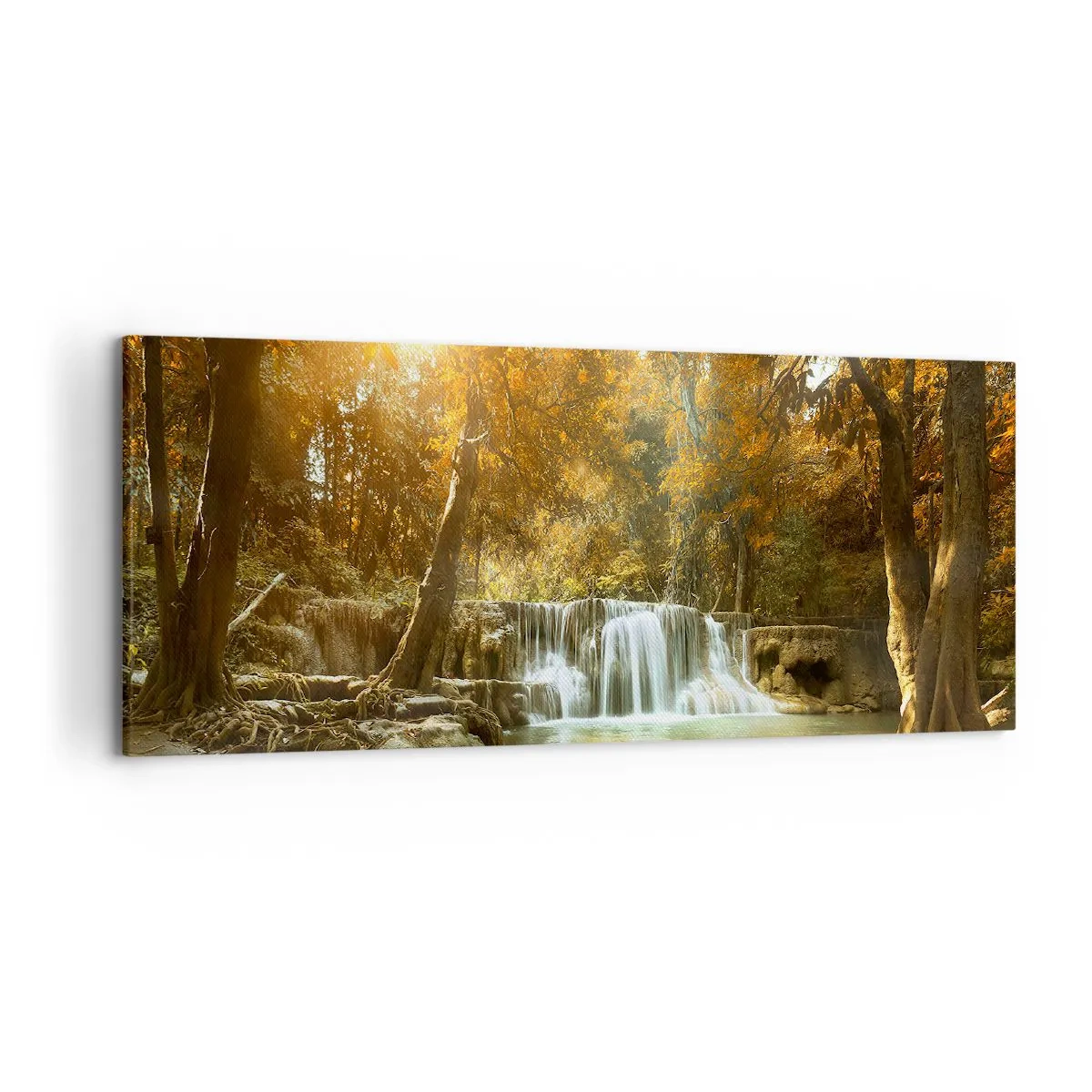 Obraz na płótnie - Jesienny krajobraz z wodospadem - 120x50cm - Parkowa kaskada - Nowoczesna dekoracja ścienna do salonu i sypialni ARTTOR