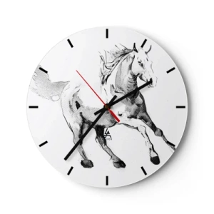Zegar ścienny - Szkic galopującego konia na białym tle - 30x30cm - Nieujarzmiona dusza - Nowoczesna dekoracja ścienna do salonu, kuchni i sypialni ARTTOR