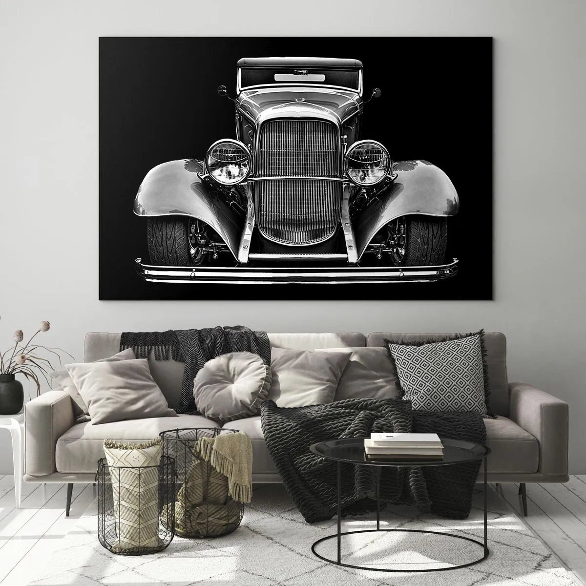 Obraz na szkle - Zabytkowy samochód retro w ujęciu frontalnym - 70x50cm - Prawdziwy gentelman - Nowoczesna dekoracja ścienna do salonu i sypialni ARTTOR